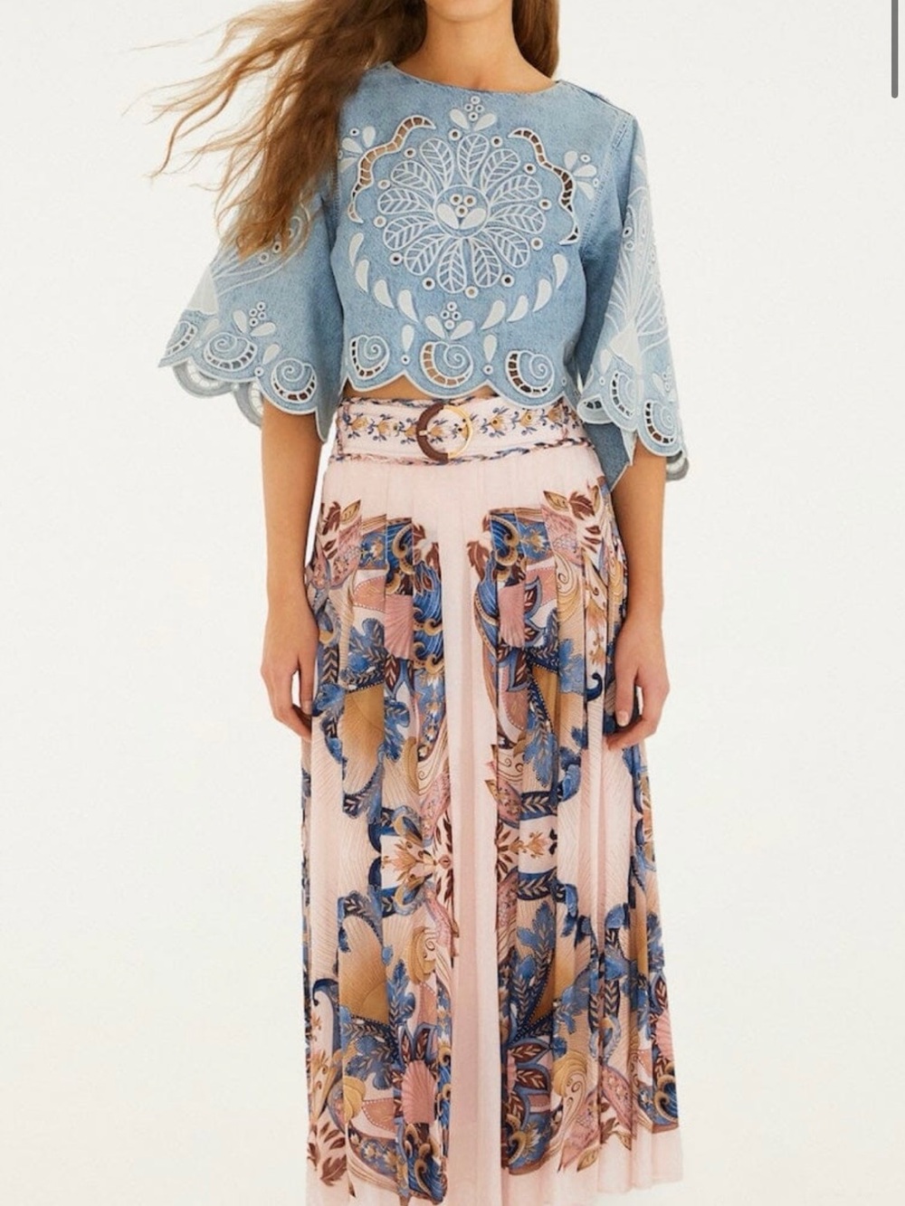 FARM Rio soft pink sea garden scarf pleated maxi skirt